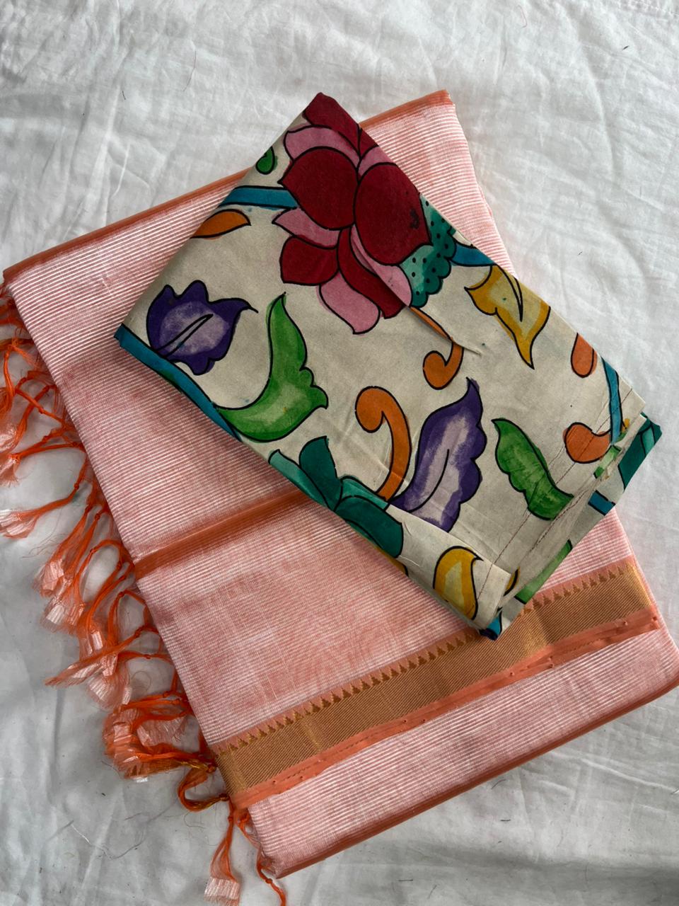 Peach Handloom Mangalagiri Pattu  with a Pen Kalamkari Blouse  Cotton Saree